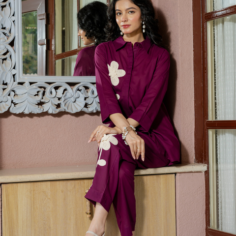 Women Purple  Embroidered Thread Work Pure Cotton coord set