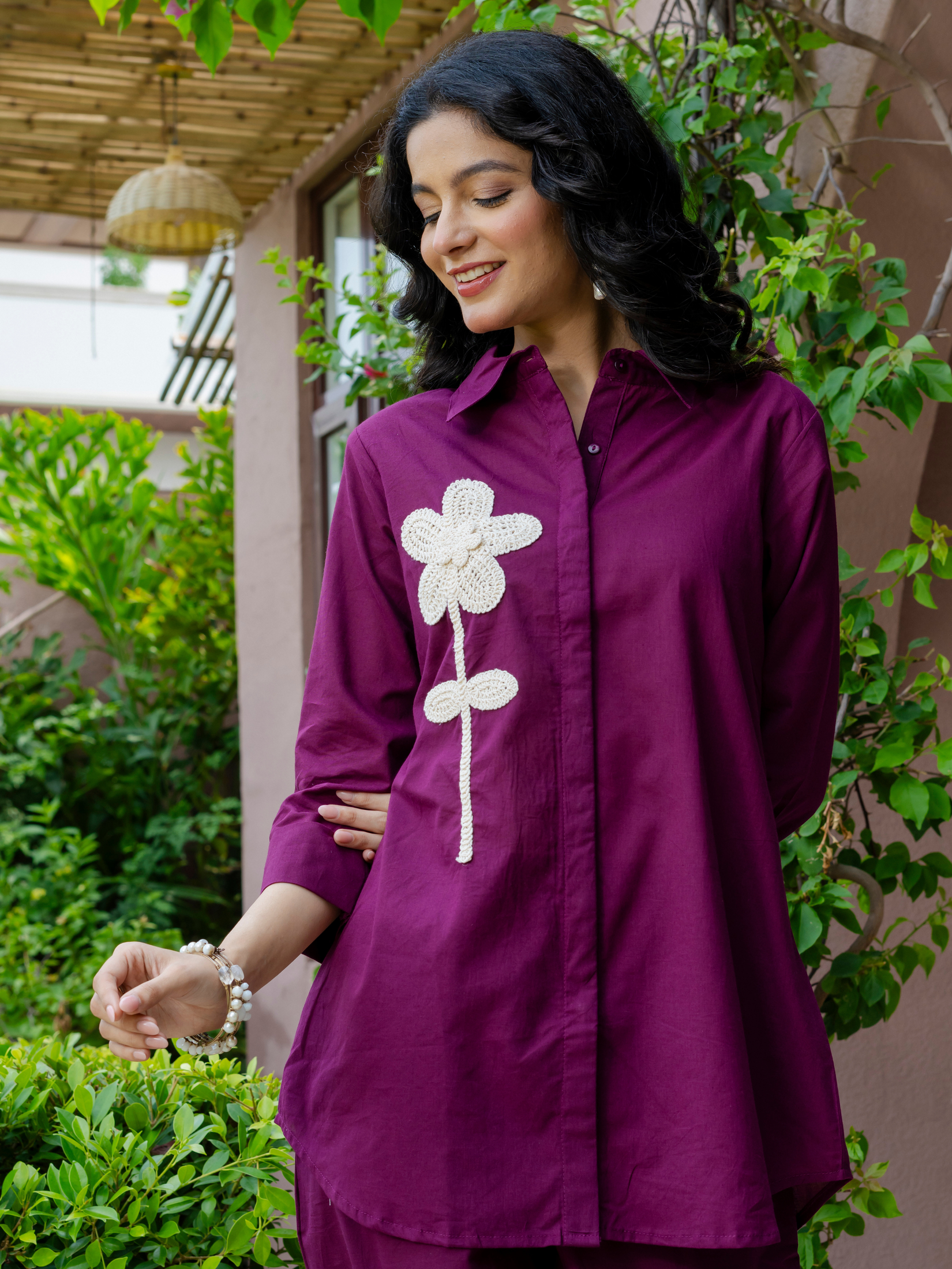 Women Purple  Embroidered Thread Work Pure Cotton coord set