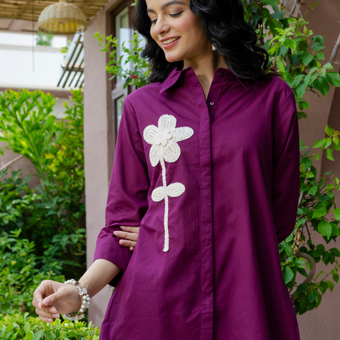Women Purple  Embroidered Thread Work Pure Cotton coord set