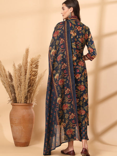 Ebbani Women’s Cotton Floral Blue Kurta Set with Dupatta