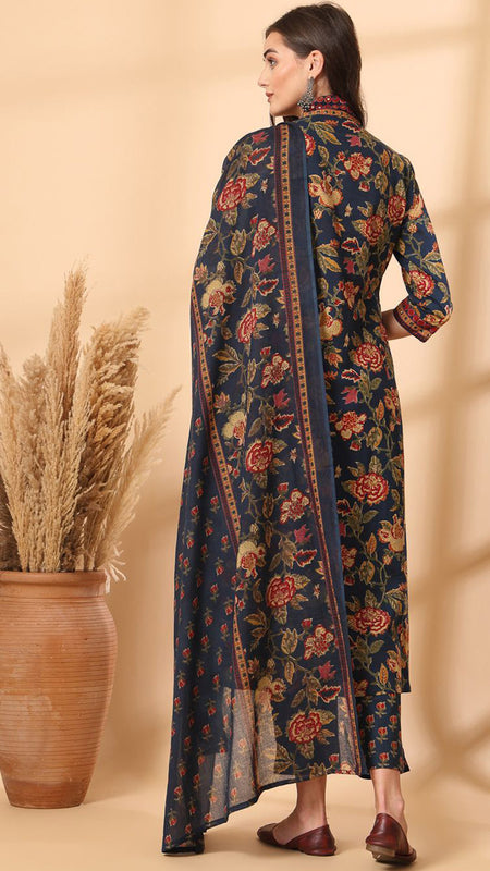 Ebbani Women’s Cotton Floral Blue Kurta Set with Dupatta