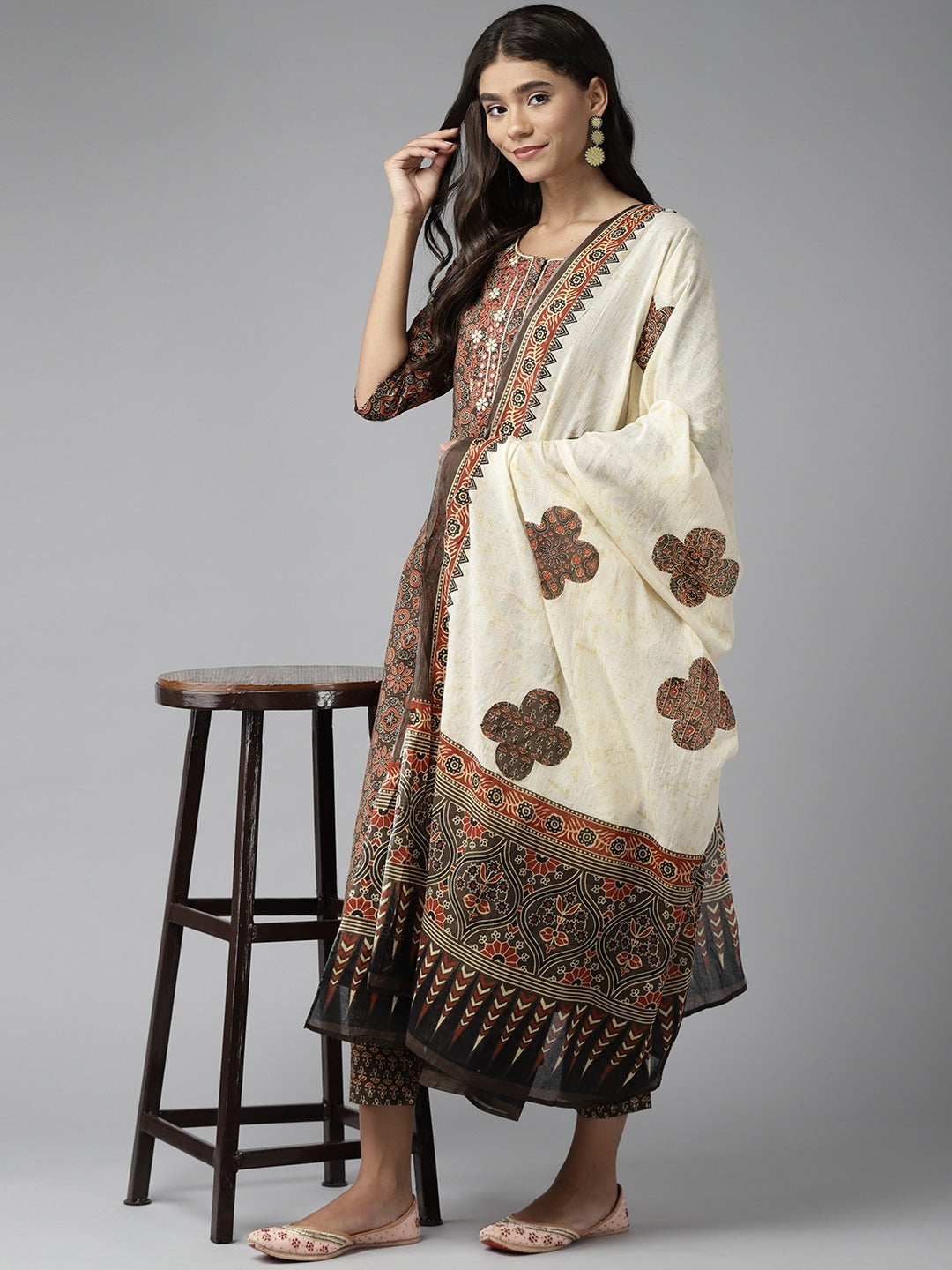 Ebbani Women’s Cotton Printed Brown Kurta Set with Dupatta