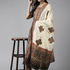 Ebbani Women’s Cotton Printed Brown Kurta Set with Dupatta