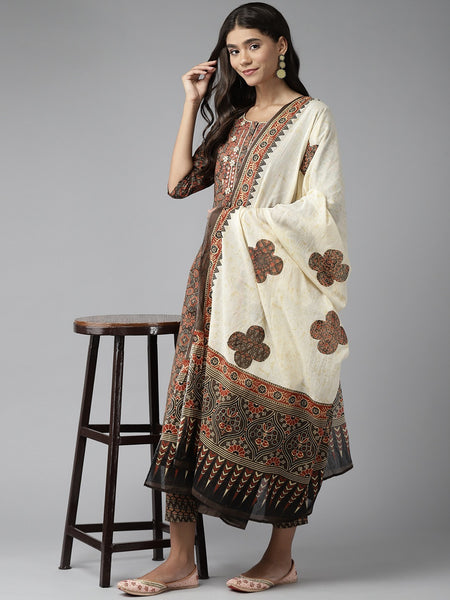 Ebbani Women’s Cotton Printed Brown Kurta Set with Dupatta