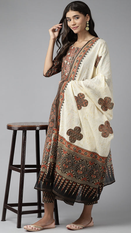 Ebbani Women’s Cotton Printed Brown Kurta Set with Dupatta