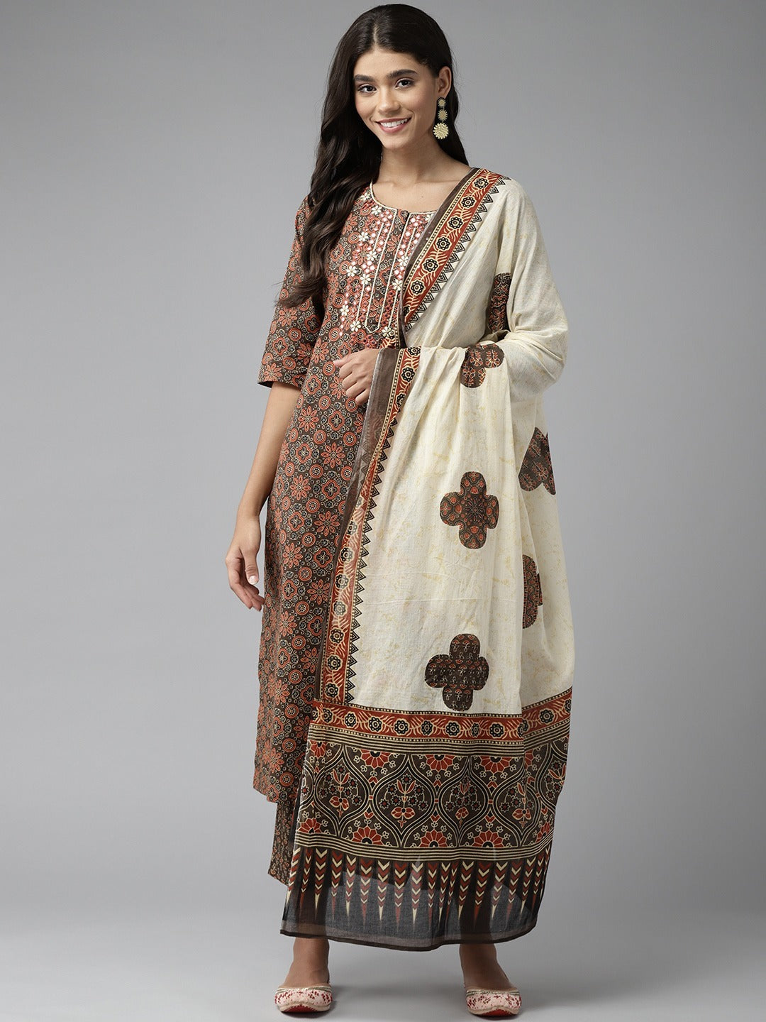 Ebbani Women’s Cotton Printed Brown Kurta Set with Dupatta