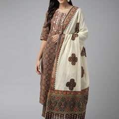 Ebbani Women’s Cotton Printed Brown Kurta Set with Dupatta