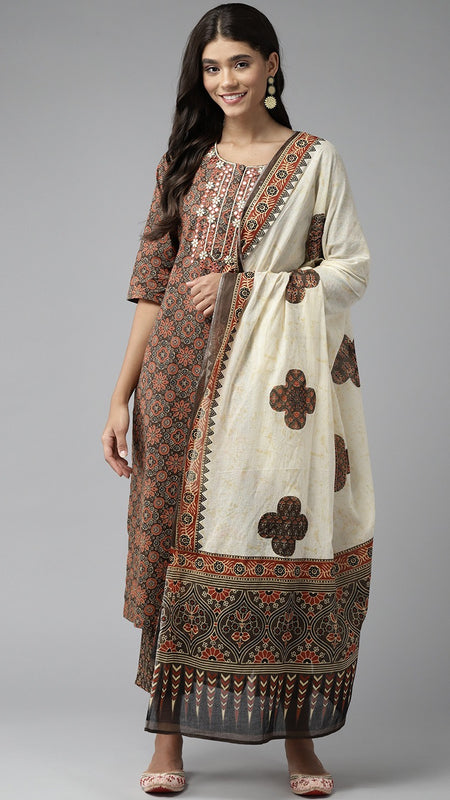 Ebbani Women’s Cotton Printed Brown Kurta Set with Dupatta