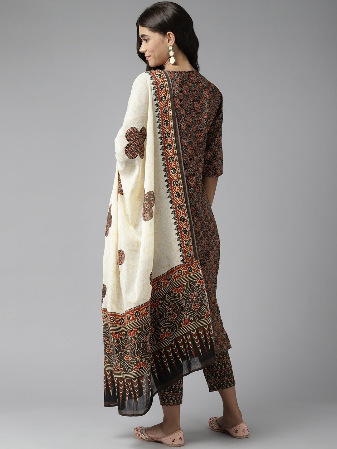 Ebbani Women’s Cotton Printed Brown Kurta Set with Dupatta