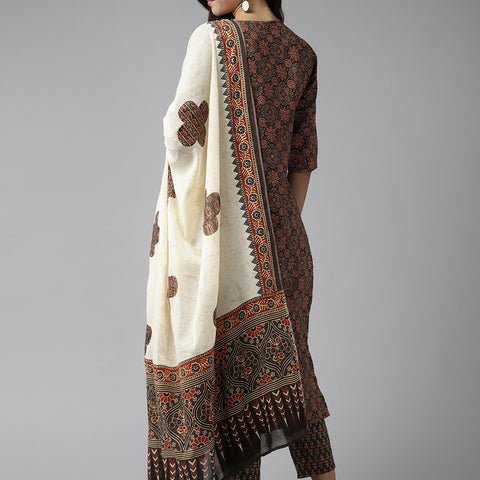 Ebbani Women’s Cotton Printed Brown Kurta Set with Dupatta