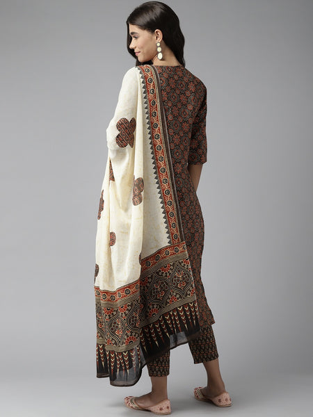 Ebbani Women’s Cotton Printed Brown Kurta Set with Dupatta