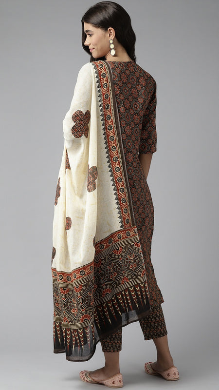 Ebbani Women’s Cotton Printed Brown Kurta Set with Dupatta