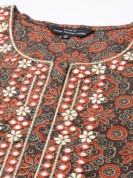 Ebbani Women’s Cotton Printed Brown Kurta Set with Dupatta