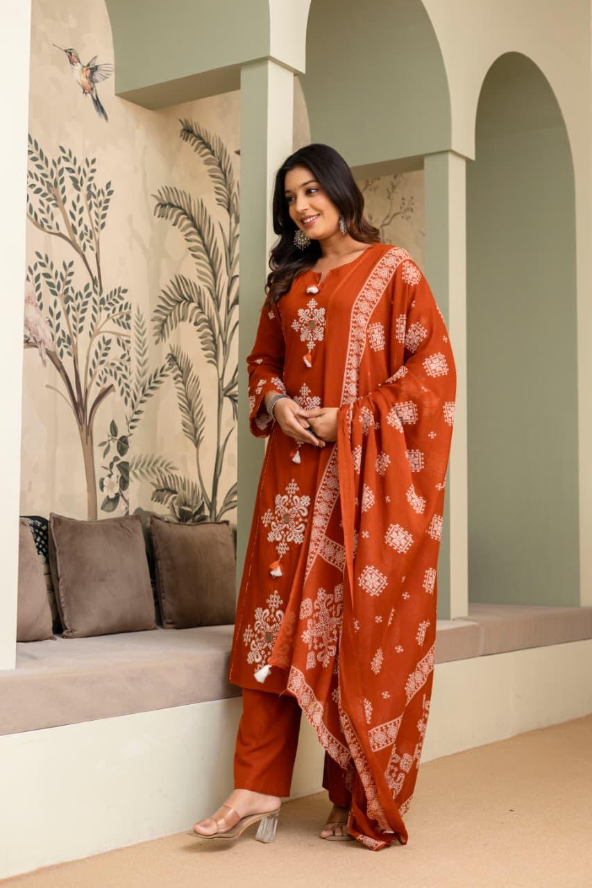 Ebbani Women’s Cotton Motifs Kurta Set with Dupatta