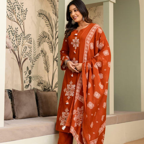 Ebbani Women’s Cotton Motifs Kurta Set with Dupatta
