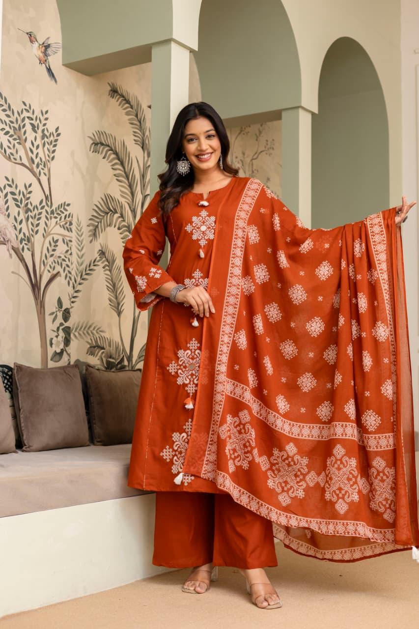 Ebbani Women’s Cotton Motifs Kurta Set with Dupatta