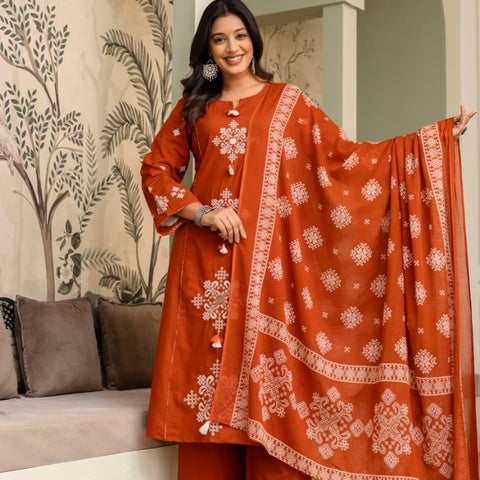 Ebbani Women’s Cotton Motifs Kurta Set with Dupatta