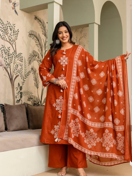 Ebbani Women’s Cotton Motifs Kurta Set with Dupatta
