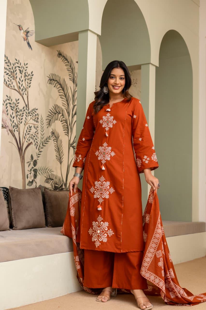 Ebbani Women’s Cotton Motifs Kurta Set with Dupatta