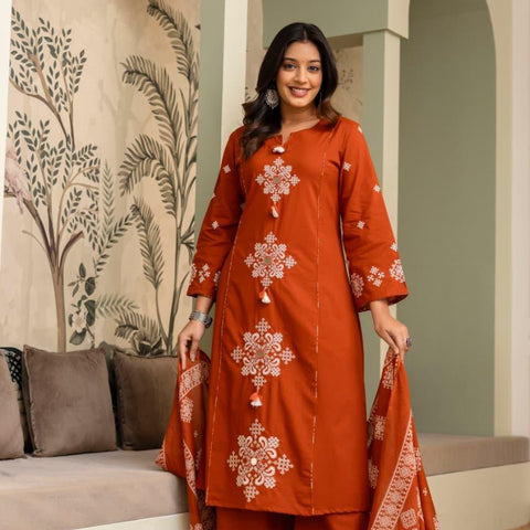 Ebbani Women’s Cotton Motifs Kurta Set with Dupatta