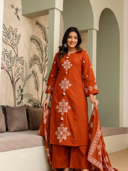 Ebbani Women’s Cotton Motifs Kurta Set with Dupatta