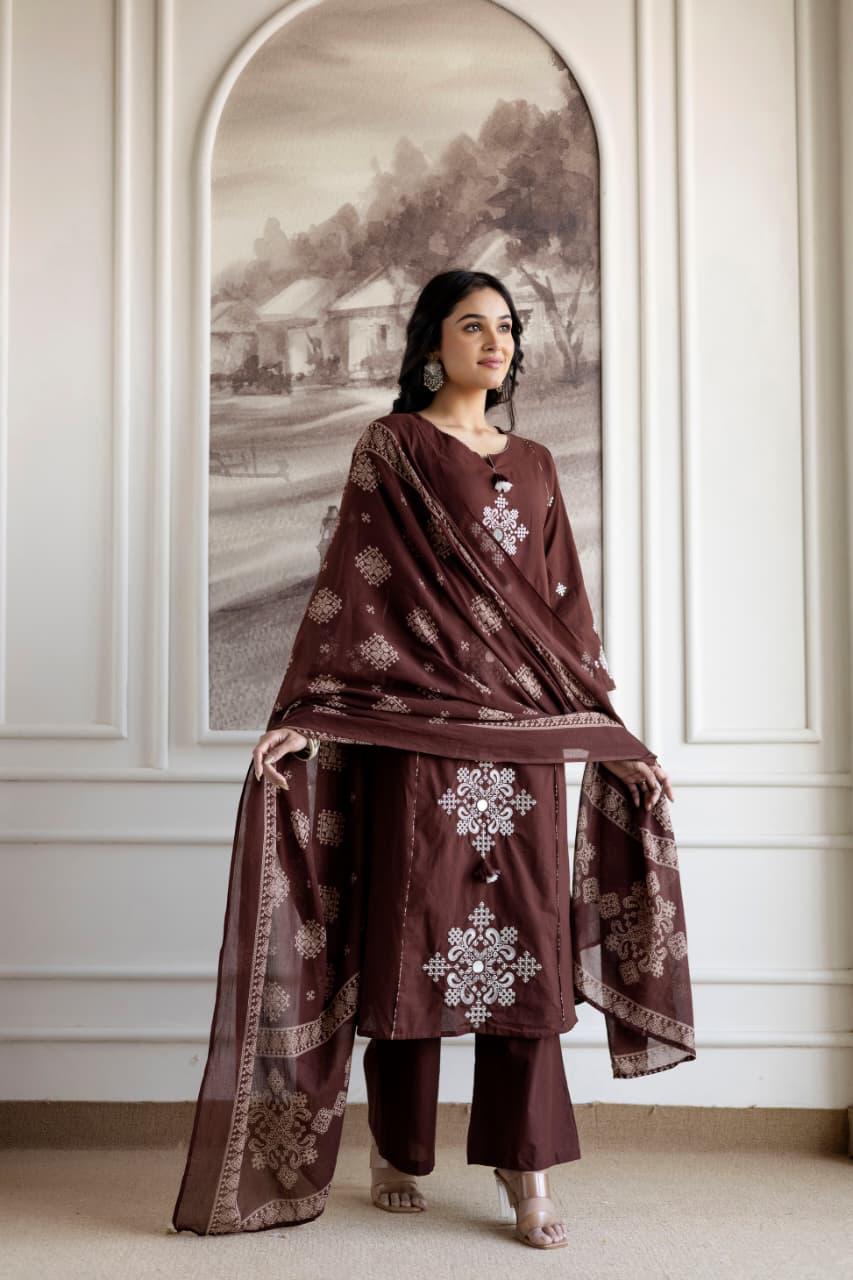 Ebbani Women’s Cotton Motifs Kurta Set with Dupatta