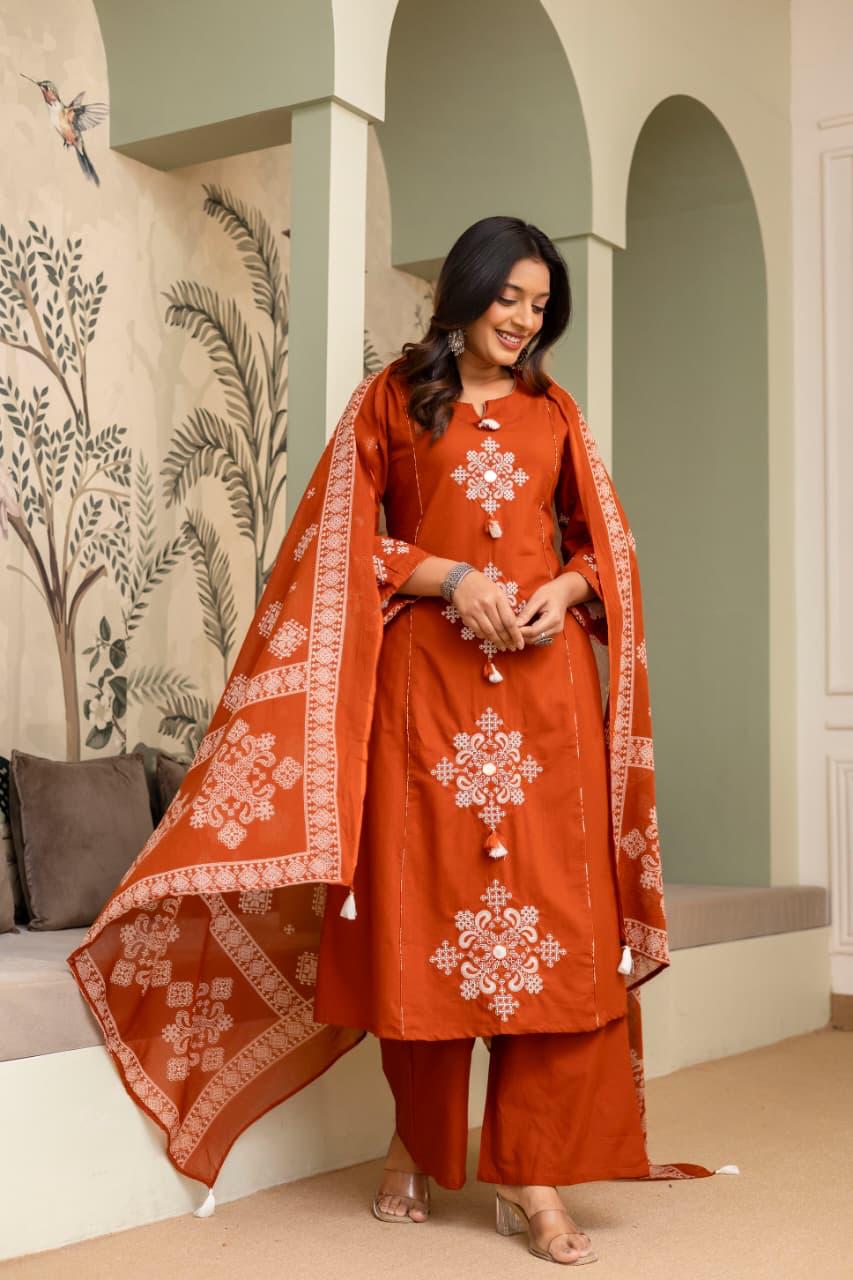 Ebbani Women’s Cotton Motifs Kurta Set with Dupatta