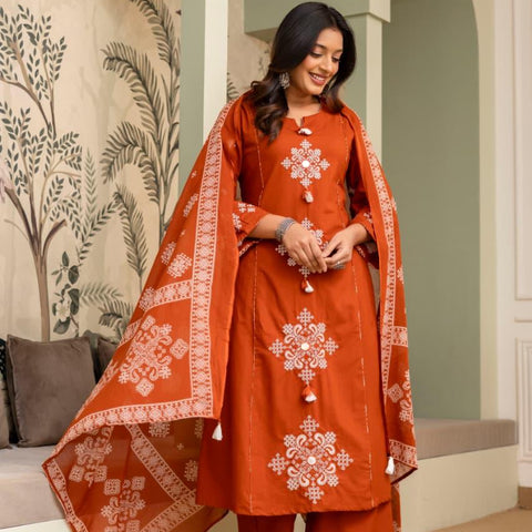 Ebbani Women’s Cotton Motifs Kurta Set with Dupatta