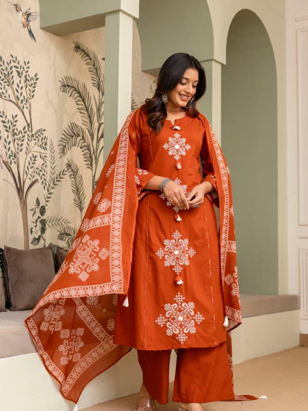 Ebbani Women’s Cotton Motifs Kurta Set with Dupatta