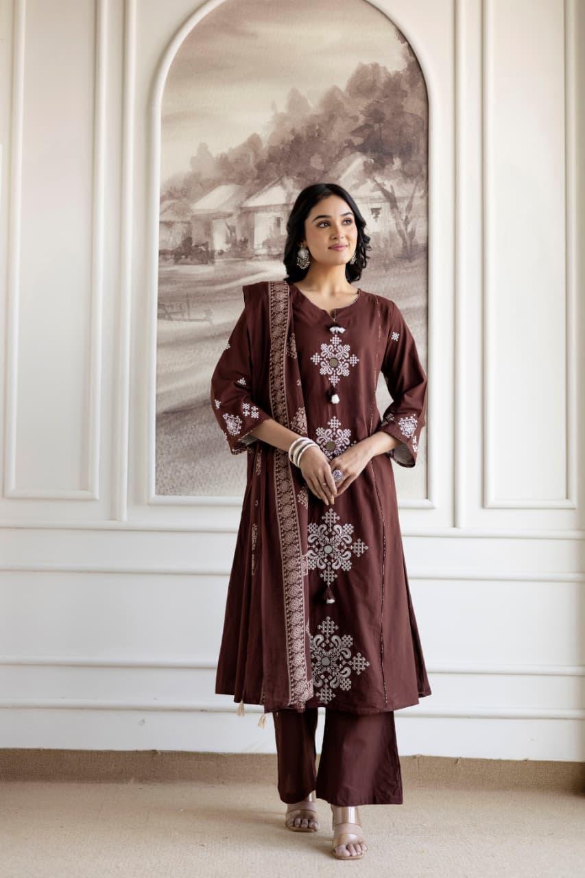 Ebbani Women’s Cotton Motifs Kurta Set with Dupatta