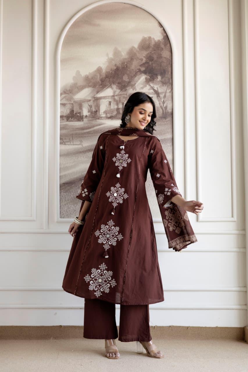 Ebbani Women’s Cotton Motifs Kurta Set with Dupatta