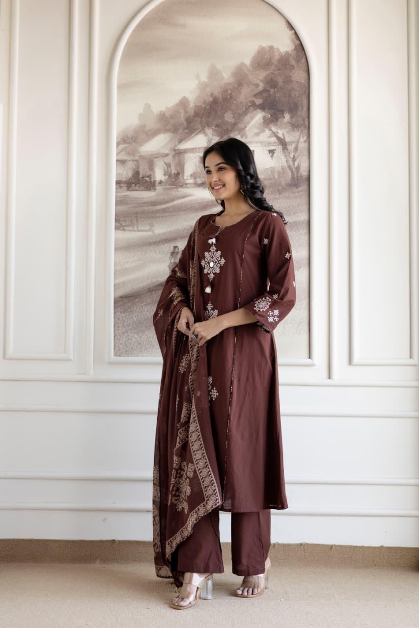 Ebbani Women’s Cotton Motifs Kurta Set with Dupatta