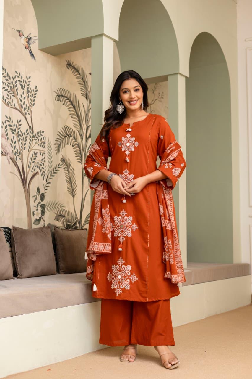Ebbani Women’s Cotton Motifs Kurta Set with Dupatta