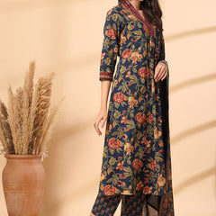 Ebbani Women’s Cotton Floral Blue Kurta Set with Dupatta