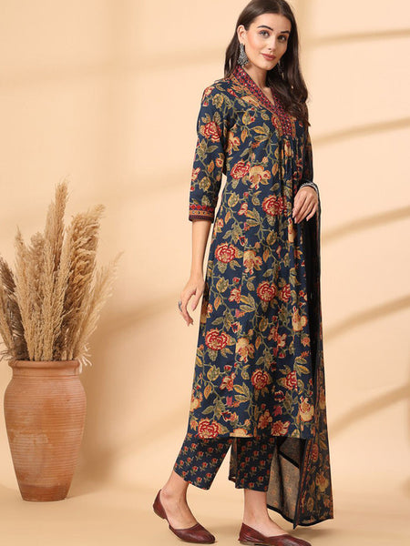 Ebbani Women’s Cotton Floral Blue Kurta Set with Dupatta