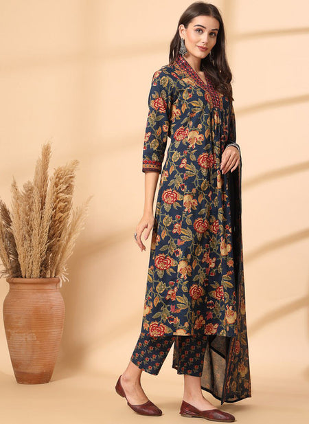 Ebbani Women’s Cotton Floral Blue Kurta Set with Dupatta