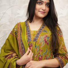 Ebbani Women’s Cotton Floral Olive Green A-Line Kurta Set with Dupatta