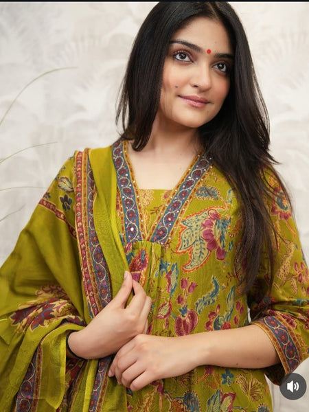 Ebbani Women’s Cotton Floral Olive Green A-Line Kurta Set with Dupatta