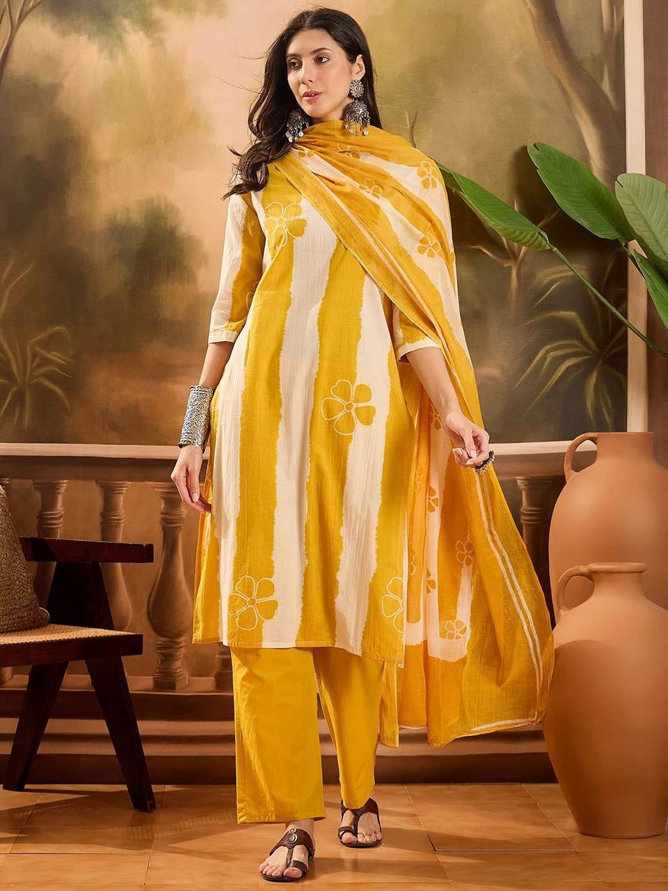 Ebbani Women’s Pure Cotton Yellow Floral Straight Fit 3pc Kurta Set