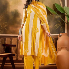 Ebbani Women’s Pure Cotton Yellow Floral Straight Fit 3pc Kurta Set