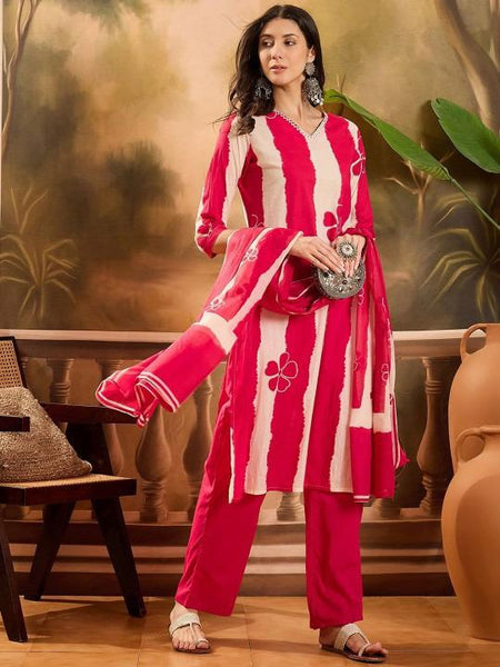 Ebbani Women’s Pure Cotton Red Floral Straight Fit 3pc Kurta Set