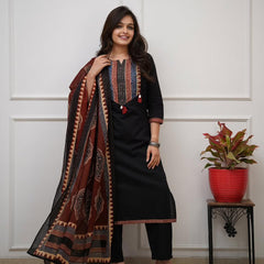 Ebbani Women’s Cotton Black Kurta Set with Dupatta