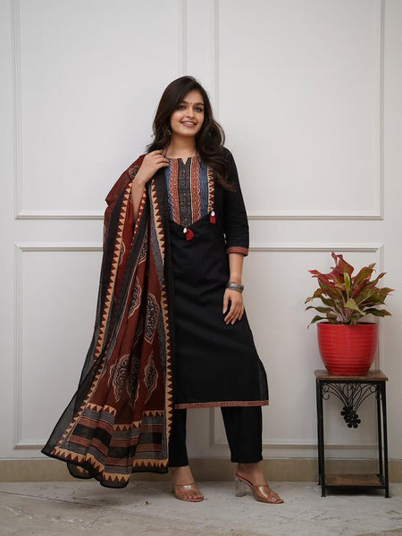 Ebbani Women’s Cotton Black Kurta Set with Dupatta