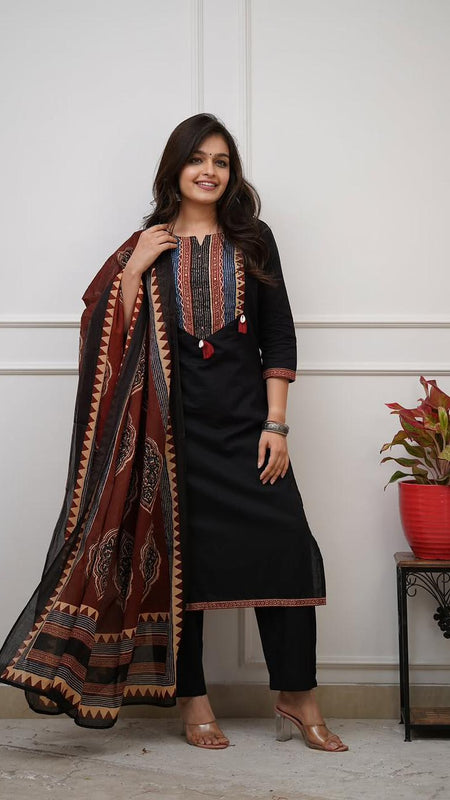 Ebbani Women’s Cotton Black Kurta Set with Dupatta