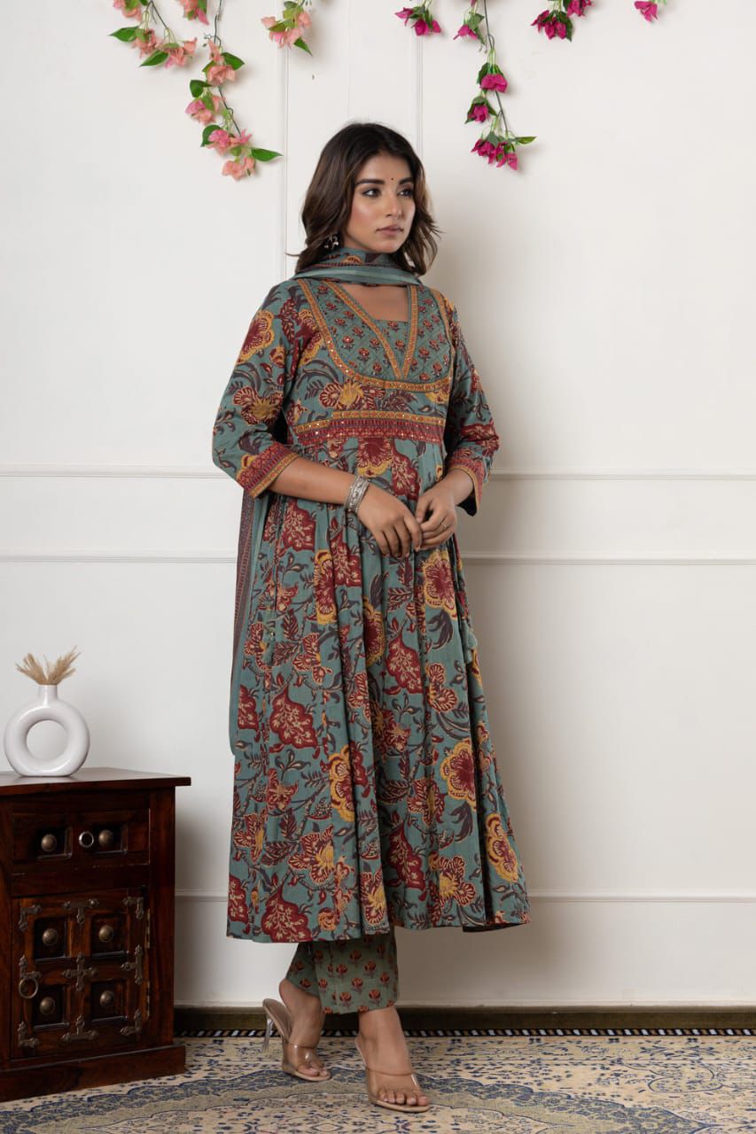 Ebbani Women’s Cotton Motifs Sage Green Kurta Set with Dupatta