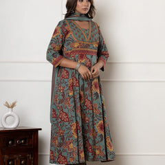 Ebbani Women’s Cotton Motifs Sage Green Kurta Set with Dupatta