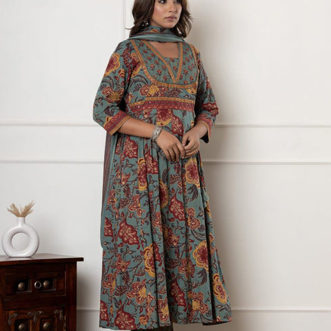 Ebbani Women’s Cotton Motifs Sage Green Kurta Set with Dupatta