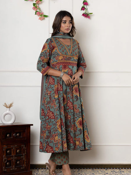 Ebbani Women’s Cotton Motifs Sage Green Kurta Set with Dupatta