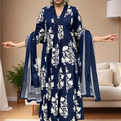 Ebbani Women’s Cotton Motifs Navy Blue A-Line Kurta Set with Dupatta