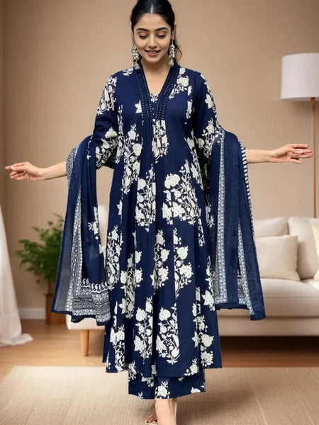 Ebbani Women’s Cotton Motifs Navy Blue A-Line Kurta Set with Dupatta